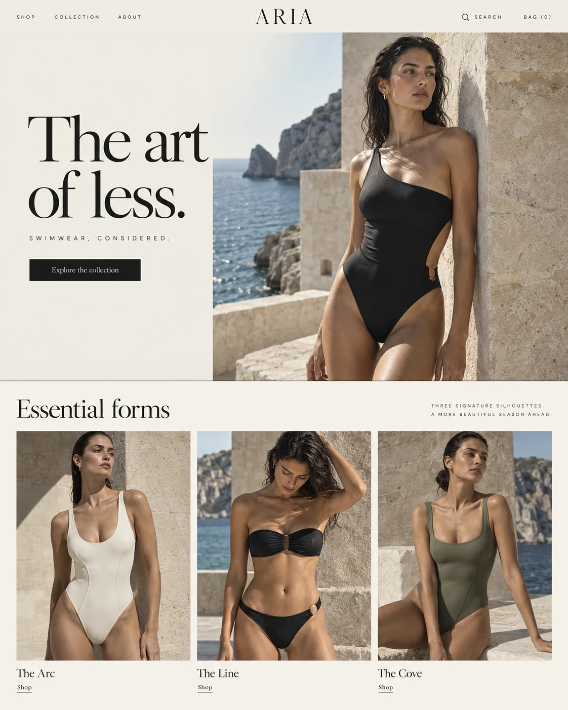 ARIA Ivory Sculpture original website mockup. Architectural ivory, sculptural swimwear, and quiet Mediterranean luxury.