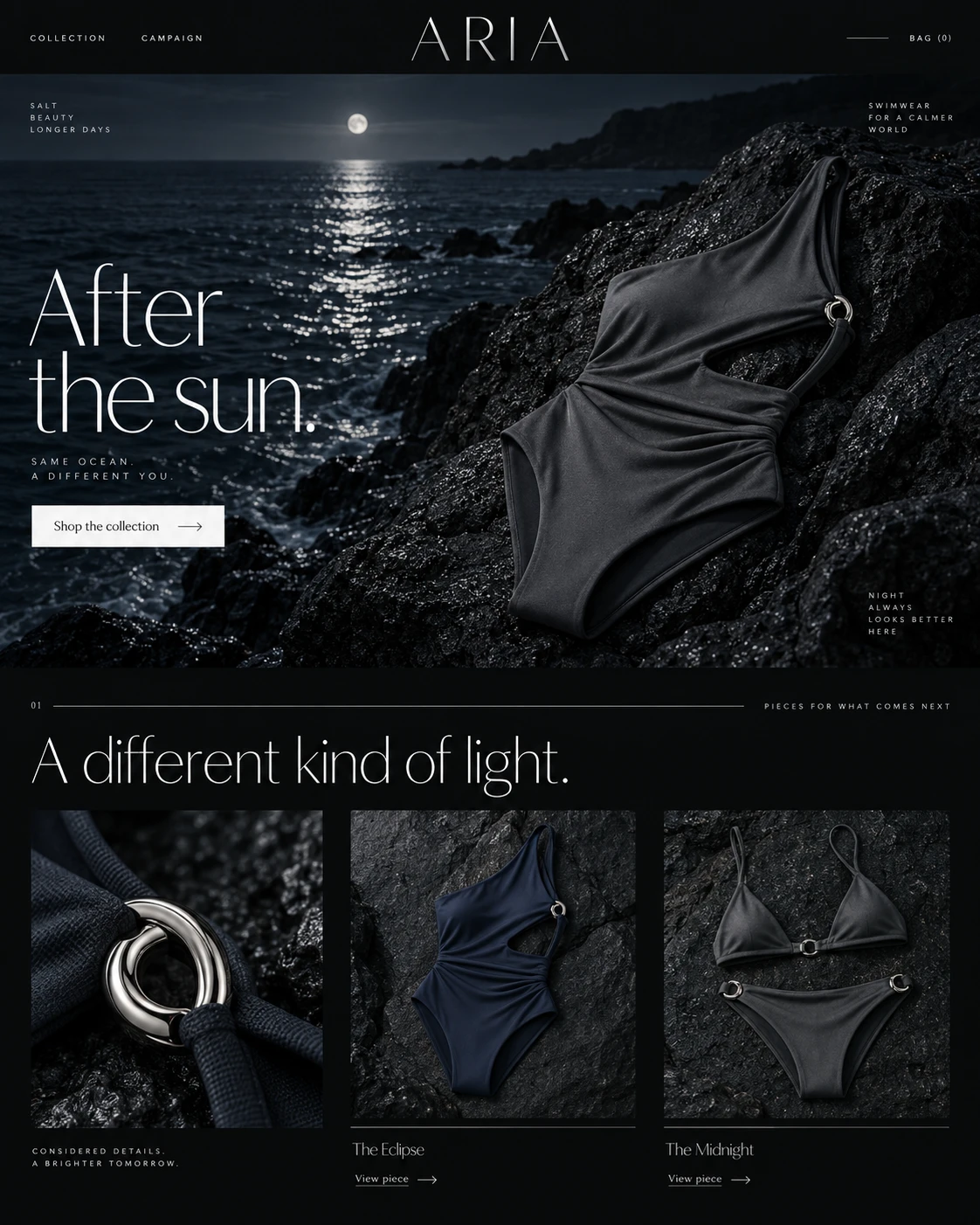 ARIA Nocturne original website mockup. After the Sun. Cinematic black and silver, moonlit water, and sculptural product photography.
