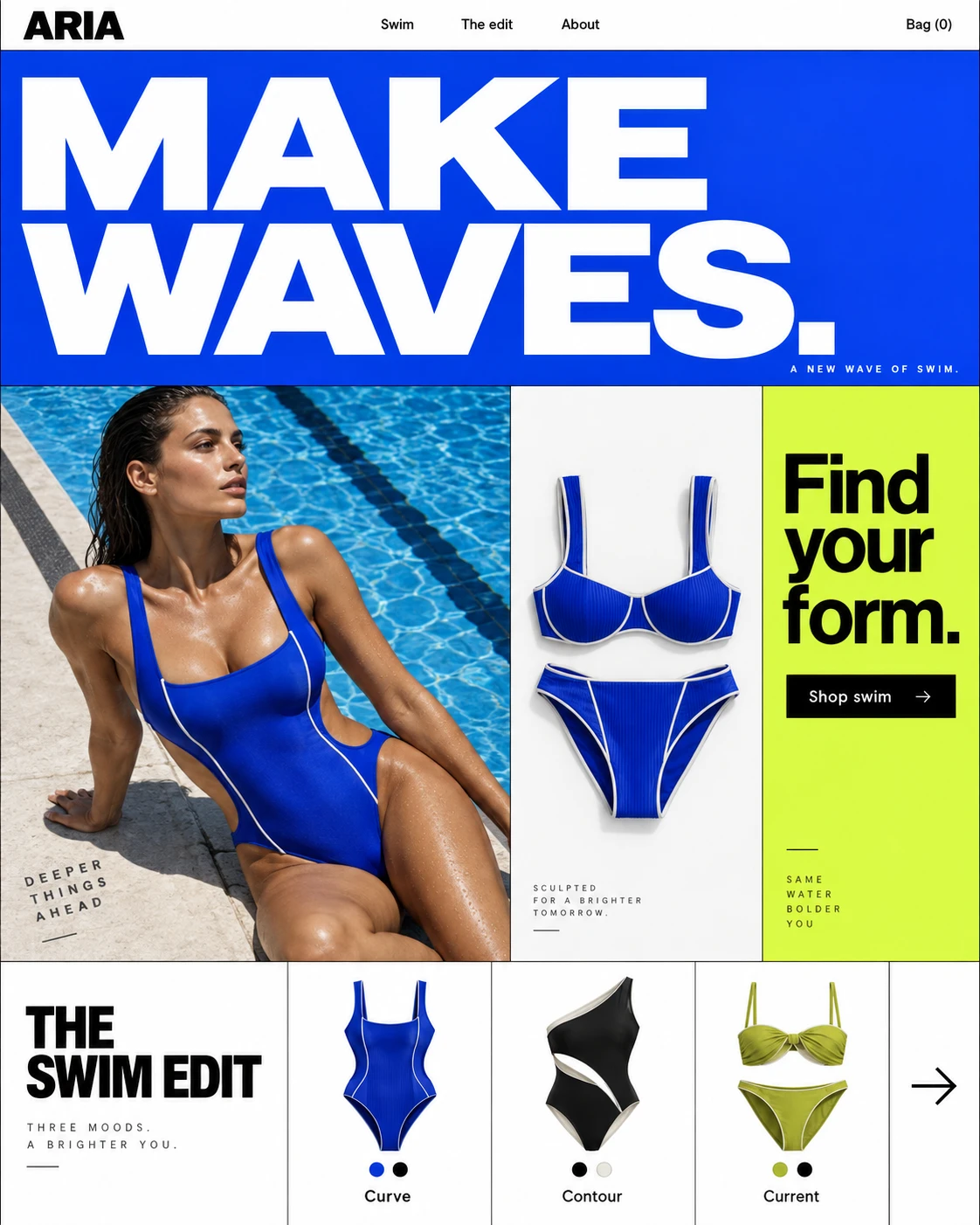 ARIA Cobalt Current original website mockup. Electric blue, graphic typography, and a bold new wave of swim.