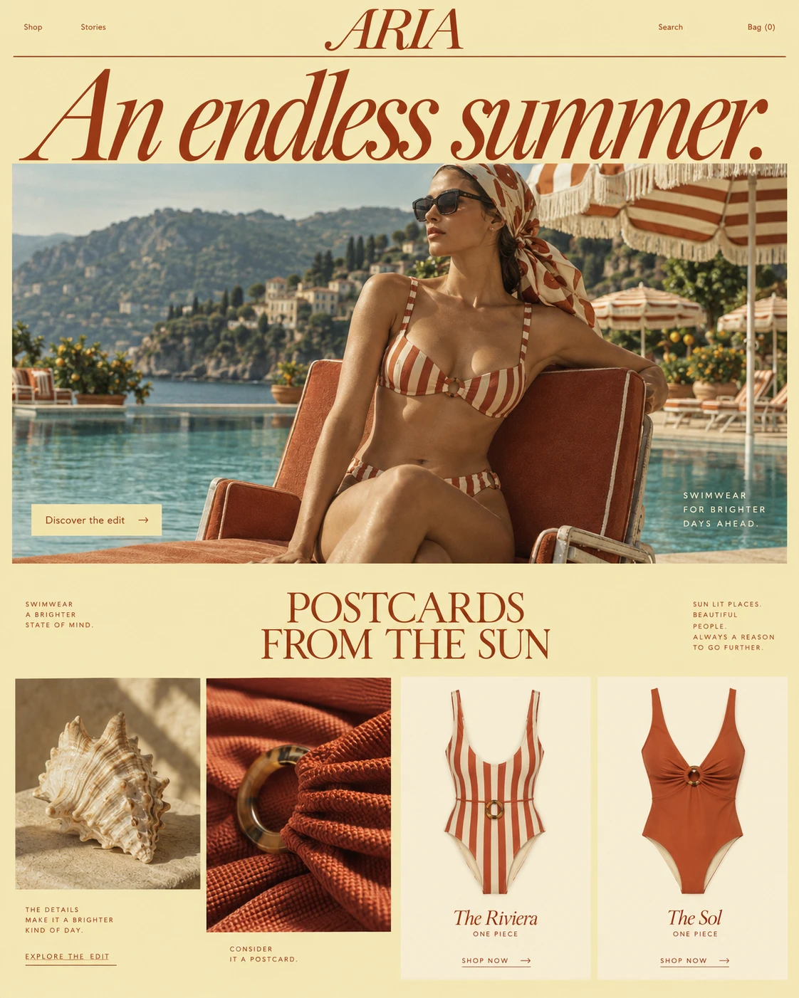 ARIA Solar Club original website mockup. Warm resort glamour in butter yellow and burnt orange.