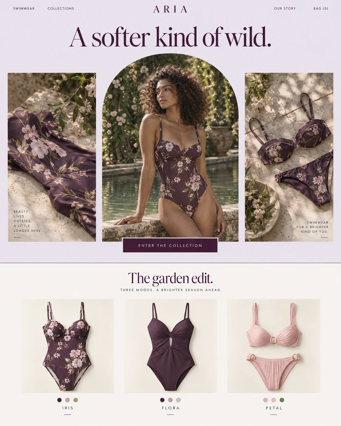 ARIA Jardin original website mockup. Botanical romance, soft lilac, and a garden-inspired collection.