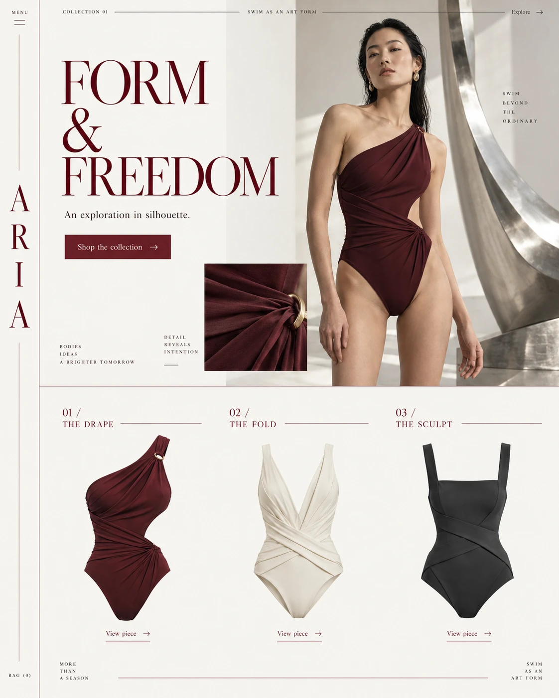 ARIA Atelier original website mockup. A designer-led art-gallery approach with oxblood accents and sculptural silhouettes.